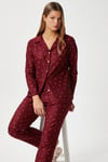 Kadın Nora Premium Bordo Kalp Süet Doku Düğmeli Yılbaşı Pijama Takımı