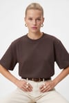 Kadın Rise Dekoratif Yaka Tok Doku %100 Pamuk Kahverengi T-Shirt