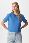 Kadın Rise Dekoratif Yaka Tok Doku %100 Pamuk Mavi T-Shirt