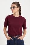 Kadın Rise Dekoratif Yaka Tok Doku %100 Pamuk Bordo T-Shirt
