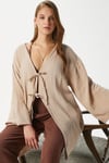 Kadın Sandra %100 Pamuk Müslin Bağcıklı Bej Kimono