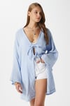 Kadın Sandra %100 Pamuk Müslin Bağcıklı Mavi Kimono