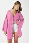Kadın Sandra %100 Pamuk Müslin Bağcıklı Pembe Kimono