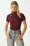 Kadın Shine Gold Düğmeli Yarım Boğazlı Kısa Kol Bordo Fitilli Pamuk Bluz