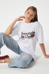 Kadın Something Kiraz Baskılı Beyaz Oversize T-Shirt