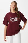 Kadın Something Kiraz Baskılı Bordo Oversize T-Shirt
