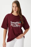 Kadın Something Kiraz Baskılı Bordo Oversize T-Shirt