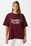 Kadın Something Kiraz Baskılı Bordo Oversize T-Shirt