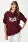 Kadın Something Kiraz Baskılı Bordo Oversize T-Shirt