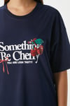 Kadın Something Kiraz Baskılı Lacivert Oversize T-Shirt