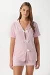 Kadın Violet Pembe Şortlu Fiyonklu Alt Üst Pijama Takımı