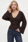 Kadın Vivian Bele Oturan V Yaka Uzun Kollu Basic Kahverengi Örme Bluz