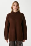 Kadın Wonder Yumuşacık Dik Yaka Kahverengi Yırtmaçlı Oversize Triko Kazak