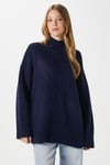 Kadın Wonder Yumuşacık Dik Yaka Lacivert Yırtmaçlı Oversize Triko Kazak