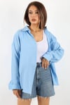 Kadın Yumuşak Müslin Kumaş Uzun Açık Mavi Oversize Gömlek