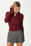 Lithe Vucuda Oturan Yarım Fermuarlı Fitilli Bordo Bluz