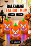 Balkabağı Şekilli Rengarenk Işıklı Pilli Büyük Tealight Mum Halloween Cadılar Bayramı 3 Adet 7x5 Cm