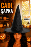 Cadı Şapkası Siyah Renk Paraşüt Kumaş Halloween Cadılar Bayramı Aksesuarı Unisex Standart Beden
