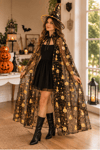 Cadılar Bayramı Pelerin Şapka Seti Gold Altın Sarısı Cadı Yarasa Baskılı Halloween Parti Kostümü