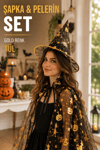 Cadılar Bayramı Pelerin Şapka Seti Gold Altın Sarısı Cadı Yarasa Baskılı Halloween Parti Kostümü