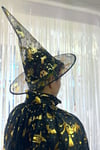 Cadılar Bayramı Pelerin Şapka Seti Gold Altın Sarısı Cadı Yarasa Baskılı Halloween Parti Kostümü