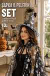 Cadılar Bayramı Pelerin Şapka Seti Gümüş Gri Cadı Yarasa Kedi Baskılı Halloween Partisi Kostümü