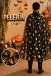 Cadılar Bayramı Pelerini Siyah Renkli Gold Altın Sarısı Cadı Yarasa Baskılı Halloween Parti Kostümü