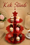 Düz Kırmızı Kek Standı Karton Cup Cake Muffin Standı 3 Katlı Piramit Kurabiye Kulesi Konsept Renk
