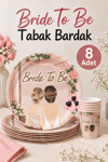 Gelin Çiçek Balon Baskılı Tabak Bardak 8li Set Karton Bride To Be Yazılı Bekarlığa Veda Parti Süsü