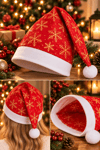 Gold Kar Tanesi Baskılı Kırmızı Yılbaşı Şapkası Yeni Yıl Noel Baba Şapkası Kadın Erkek Aksesuarı