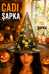 Gold Siyah Tül Şapka Halloween Partisi Cadılar Bayramı Altın Sarısı Unisex Cadı Kedi Yarasa Detaylı