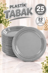 Gümüş Renginde 22cm 25li Parlak Tabak Renkli Dayanıklı Gri Plastik Doğum Günü Silver Parti Tabağı