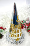 Gümüş Renk Yılbaşı Şapkası Karton Happy New Year Baskılı Simli Parlak Püsküllü Gri Silver Büyük Boy