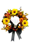 Halloween Kapı Süsü 36x36 Cm Kuru Kafa Kabak Stick Çiçek Detaylı Siyah Kurdeleli Cadılar Bayramı
