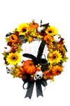 Halloween Kapı Süsü 42x42 Cm Cadı Kazanı Kabak Stick Çiçek Detaylı Siyah Kurdeleli Cadılar Bayramı