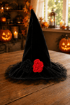 Kadife Kumaş Cadı Şapkası Çiçekli Siyah Halloween Cadılar Bayramı Yetişkin Parti Kostüm Aksesuarı