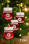 Kırmızı Desenli Eldiven 4 Adet 7 cm Mika Yılbaşı Çam Ağacı Süsü Noel Yeni Yıl Ağaç Dekoratif Parti