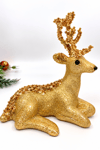 Parlak Gold Renkli Oturan Zarif Geyik Simli 20x20 Cm Sırtı  Pul Detaylı Yeni Yıl Yılbaşı Süsü Dekoru