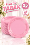 Pembe Renginde 22cm 25li Parlak Tabak Renkli Dayanıklı Plastik Doğum Günü Parti Tabağı