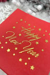 Yaldızlı Yılbaşı Peçete Happy New Year Parlak Baskılı Yıldız Detaylı Kırmızı Renkli 16 Adet 16x16 Cm