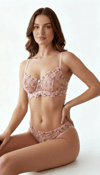 ADRIANA PINK Pembe Çiçekli Balenli Dantelli Desteksiz Bralet Iç Giyim Sütyen Külot Çamaşır Takımı