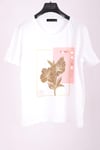 T-ShirtKadın Beyaz Bisiklet Yaka Çiçek Desenli Payetli Yarım Kollu Pamuk T-shirtACLASSICS