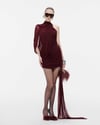 Beli Toka Detaylı Tek Kollu Asimetrik Drape Bordo Mini Tasarım Elbise