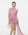 Beli Toka Detaylı Tek Kollu Asimetrik Drape Pembe Mini Tasarım Elbise