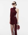 Beli Toka Detaylı Tek Kollu Asimetrik Drape Bordo Mini Tasarım Elbise