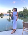 Beyaz Bel Detaylı Astarlı Keten Elbise