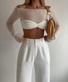 Drapeli Transparan Crop Tasarım Top (Krem)