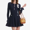 Düğme ve Cep Detaylı Üç Boyutlu Örgü Çiçek Detaylı Mini Tasarım Elbise