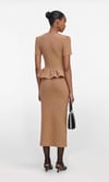 Gold Düğmeli Peplum Detaylı Midi Triko Camel Elbise