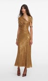 Gold Kristal Taşlı Drapeli Kısa Kollu Premium Midi Elbise